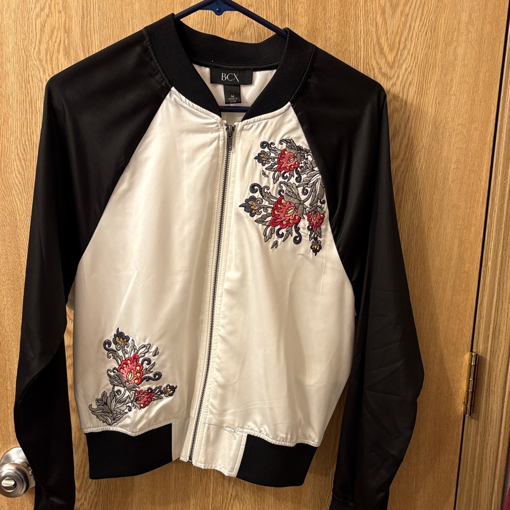 BCX Black and White Bomber Jacket with Red Embroidery